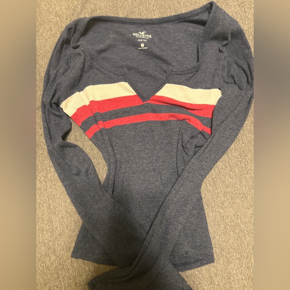 Hollister Navy V-Neck Top with Red and Cream Stripes